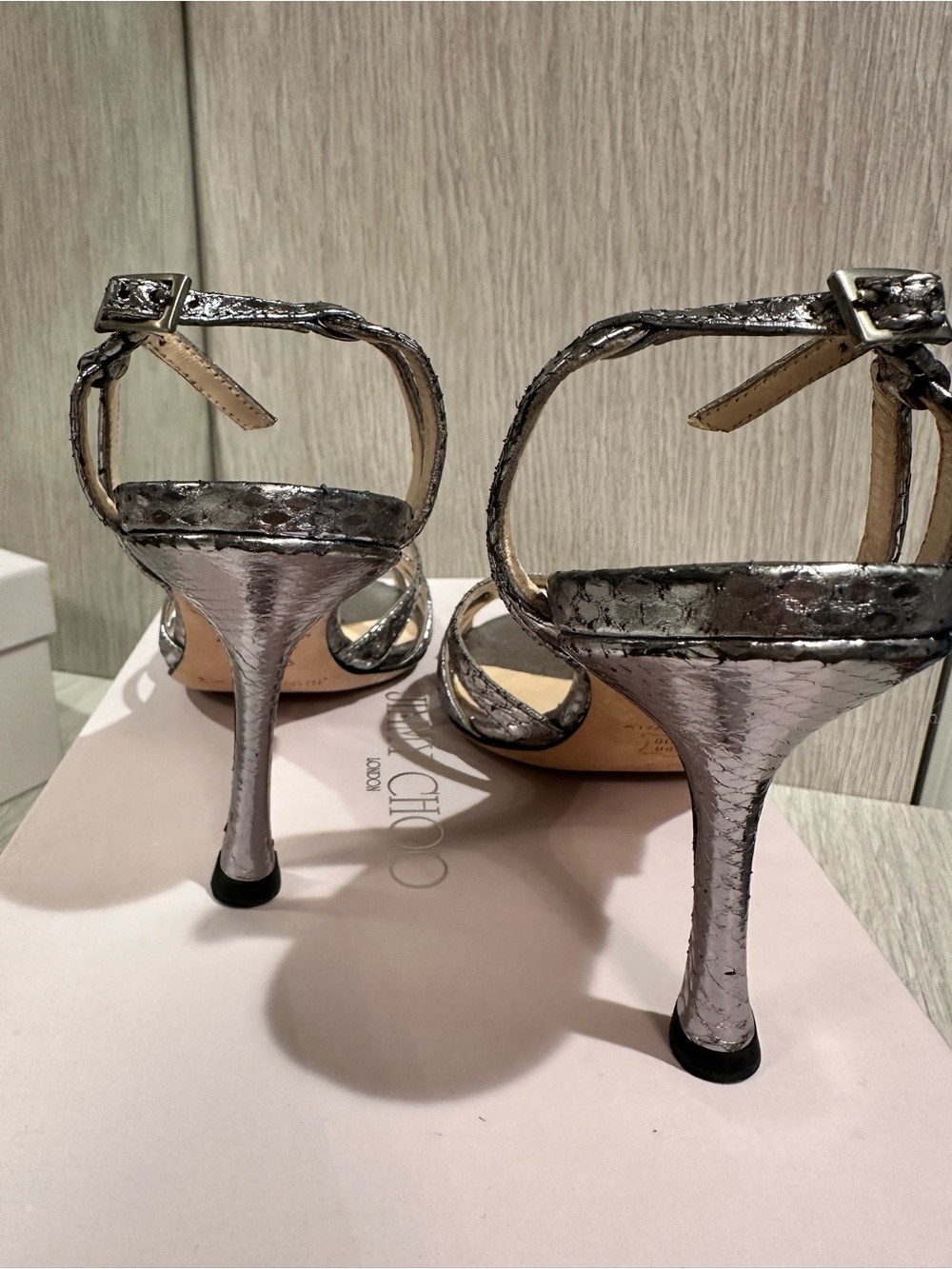 Jimmy Choo Silver Snakeskin Strappy Heels - Picture 5 of 6